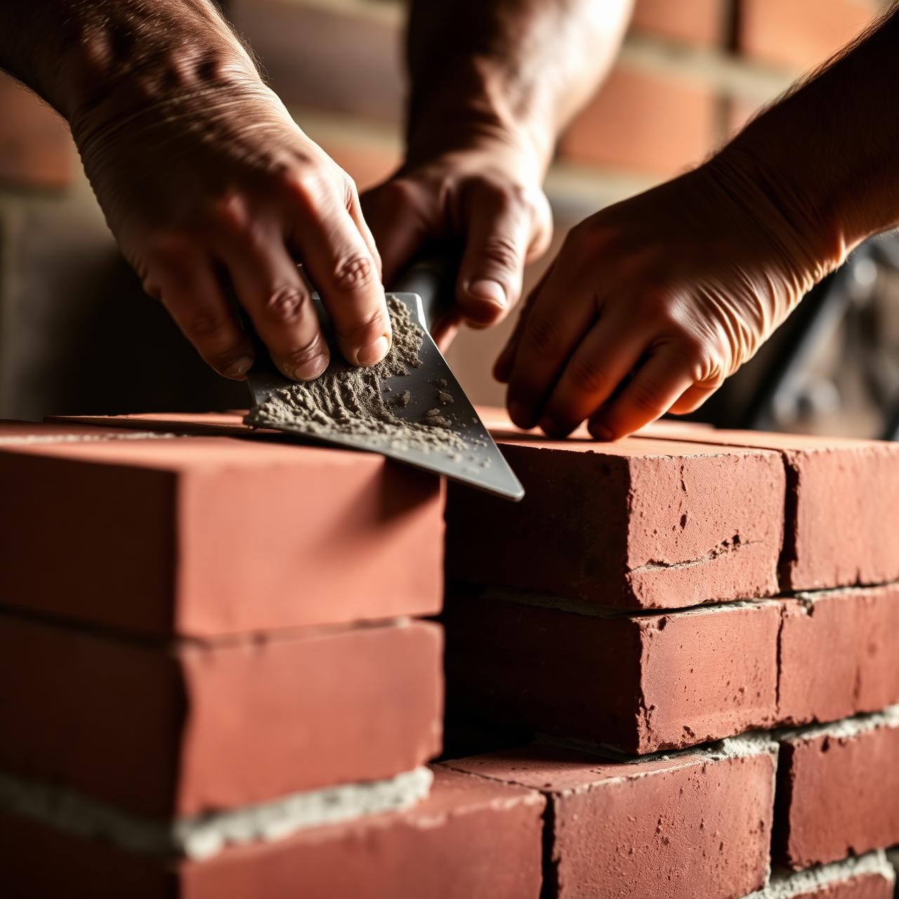 Craftsman hands laying red brick with mortar